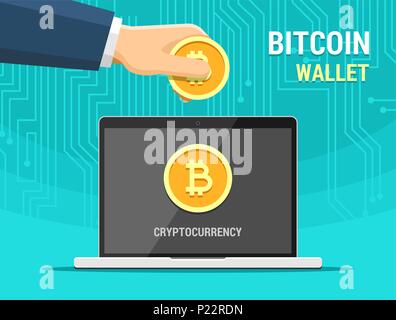 Hand bitcoin und Laptop Vektor flachbild Abbildung. Die Wiederauffüllung der elektronischen Geldbörse von Bitcoins cryptocurrency Stock Vektor