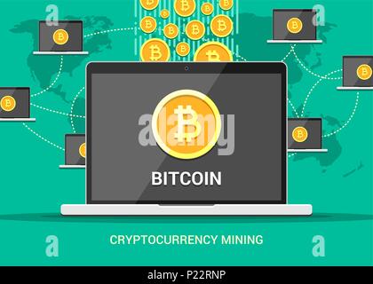 Bunte flachbild Vector Illustration von cryptocurrency bitcoin Welt Bergbau. Laptops mit bitcoins Bergbau rund um die Welt Stock Vektor