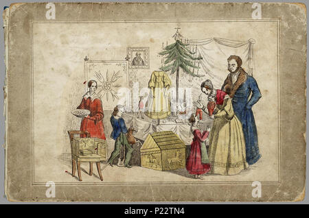 . Notenkraker-Muizenkoning: een aardig Lieve sprookje voor Kinderen van/naar het Hoogduitsch E.T.A. Hoffmann. Länglich prentenboek met paginagrote handgekleurde gravures naast's pagina met Text. Marie krijgt met Kerstmis een notenkraker Cadeau. Ze droomt dat er een gevecht ontstaat tussen de notenkraker en de muizenkonIngekleurd De notenkraker ist eigenlijk een Jongen betoverde Sterben über een speelgoedwinkel terecht bij Marie ist Gekomen. In de droom bezoeken ze een luilekkerland. 11 S., 8 Bl. pl: handgekleurde gravures//De keerzijde der illustraties ist onbedrukt//Auteursnaam op titelblad ab Stockfoto