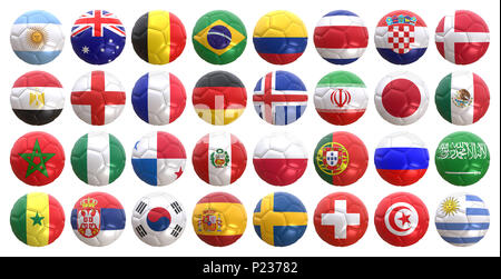 3D-Rendering von allen nationalen Mannschaften, die Fußball-Welt chapionship in Russland 2018 spielen mit der Flagge auf einer Kugel Stockfoto