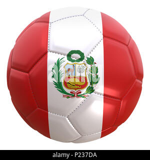 3D-Rendering einer Peru Flagge auf einem Fußball. Peru ist eines der Teams der WM-Meisterschaft in Russland 2018. Stockfoto