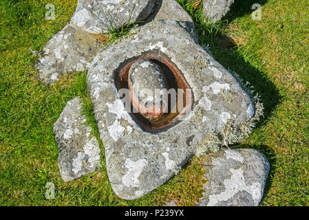 Stein quern in Jarlshof, archäologische Stätte, die 2500 v. Chr. vorgeschichtliche und nordischen Siedlungen in Sumburgh, Shetland Inseln, Schottland, Großbritannien Stockfoto