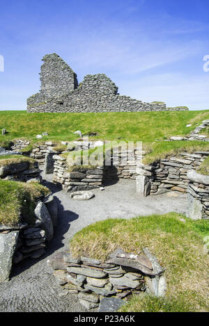 Jarlshof, archäologische Stätte, die prähistorische, nordischen Siedlungen und des 17. Jahrhunderts laird Haus in Sumburgh, Shetland Inseln, Schottland, Großbritannien Stockfoto