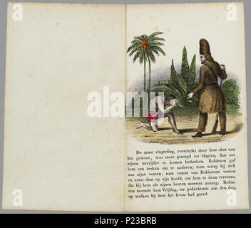 . De lotgevallen van/naar Robinson Crusoe Daniel Defoe. Prentenboek Met 24 Bladen met handgekleurde Litho's met daaronder de (sterk verkorte) Text van het oorspronkelijke Verhaal. De avanturen van Robinson Crusoe / Robinson Crusoë 24 Bl: handgekl. lithogr//Omslagtitel: De avanturen van Robinson Crusoe / Datering: In 'Lust en Leering 'geschat op Rond 1860//De keerzijde der bladen ist onbedrukt//Bew. Van: Das Leben und die seltsamen überraschenden Abenteuer des Robinson Crusoe. - 1719 Overlevingsverhalen Prentenboeken // // Nederlandstalige boeken in het buitenland Uitgegeven. Daniel Defoe Stockfoto