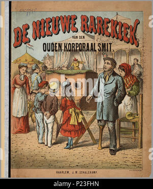 . De Nieuwe rarekiek van den ouden korporaal Smit. Een Prentenboek met Rösser paginagrote daarop kleurenlitho met verschillende Scènes, gescheiden Tür takken - von sierranden, naast een pagina Text. Op de voorkant een afbeelding van een Mann met een Houten wurde kijkkast naast een Op de Kirmes. Onderwerpen: een Vliegtuig, Kannibalen, een bokswedstrijd, rolschaatsen, wielrennen, een gekantelde postkoets, Jules Verne en Hans Christian Andersen, een Fotoalbum Kozak, een Turkse bevelhebber, een Hollandse Parade op Koningsverjaardag, een Serenade in Spanje, een sledetocht in Lappland, een paardentram Stockfoto