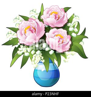 Blumenstrauß Maiglöckchen und Pfingstrosen in einer blauen Vase auf weißem Hintergrund. Vektor cartoon Close-up Abbildung. Stock Vektor