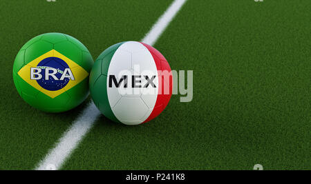 Brasilien gegen Mexiko Fußball Match - Fußball-Kugeln in Brazils und Mexicos nationalen Farben auf einem Fußballfeld. Kopieren Sie Platz auf der rechten Seite - 3D-Rendering Stockfoto