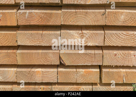 Ordentlich gestapelte Holzbohlen. Querschnitt des Holzes Stockfoto