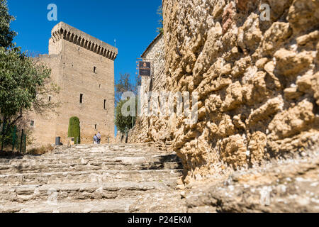 Châteauneuf-du-Pape, Provence-Alpes-Côte d'Azur, Provence, Frankreich, Châteauneuf-du-Pape Schloss im Tal der Rhone. Stockfoto