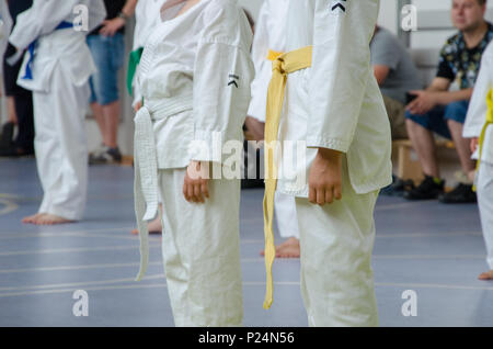 Karate Training. Kinder sind gerade und warten auf Bewegung. keine Gesichter Stockfoto