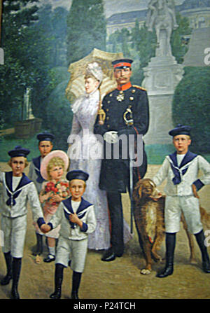 . Kaiserlichen Familie im Park zu Sanssouci: Wilhelm II., Deutscher Kaiser (1888-1918), die Kaiserin Auguste Viktoria und die fünf ältesten Prinzen sterben. Kronprinz Friedrich Wilhelm Viktor August Ernst (1882-1951), ∞ 1905 Herzogin Cecilie zu Mecklenburg-Schwerin Prinz Wilhelm Eitel Friedrich Christian Karl (1883-1942), ∞ 1906-1926 Herzogin Sophie Charlotte von Oldenburg Prinz Adalbert Ferdinand Berengar (1884-1948), ∞ 1914 Prinzessin Adelheid von Sachsen-Meiningen Prinz August Wilhelm (1887-1949), ∞ 1908-1920 Prinzessin Alexandra von Schleswig-Holstein-Sonderburg-Glücksburg (1887-1957) Prinz O Stockfoto