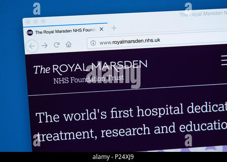 LONDON, Großbritannien - 5. MÄRZ 2018: Die Homepage der Offizielle Website der Royal Marsden NHS Foundation Trust, am 5. März 2018. Es ist ein Spezialist c Stockfoto