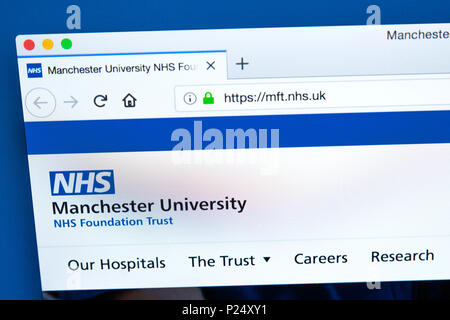 LONDON, Großbritannien - 5. MÄRZ 2018: Die Homepage der Offizielle Website der Universität Manchester NHS Foundation Trust, am 5. März 2018. Stockfoto