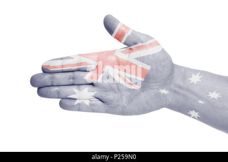 Hand Schild mit Flagge Australien isoliert auf weißem Hintergrund Stockfoto