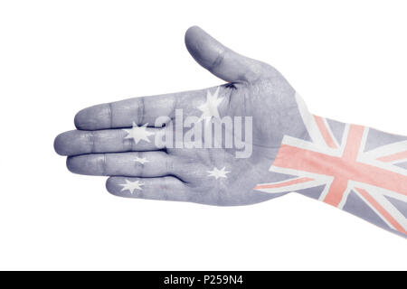 Hand Schild mit Flagge Australien isoliert auf weißem Hintergrund Stockfoto