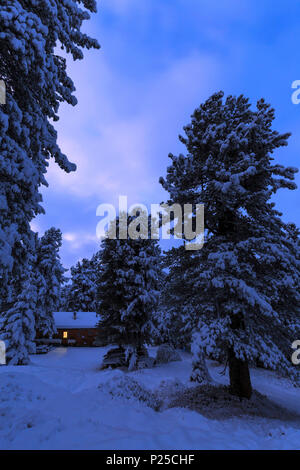 Einsames Haus in den verschneiten Wald, Erbe, Villnösser Tal, Südtirol, Dolomiten, Italien Stockfoto