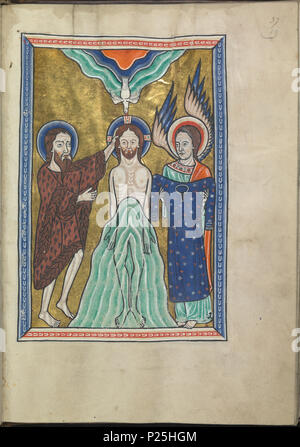 . Englisch: Bilder aus dem Leben von Christus - Die Taufe Christi durch Johannes der Täufer, ein Engel hält Gewand Christi - Psalter von Eleonore von Aquitanien (Ca. 1185) - KB 76 F13, Folsäure 019 r Nederlands: Voorstelingen uit het Leven van Christus-De doop van Christus Tür Johannes de Doper - Psalter van Eleonora van Aquitanië (Ca. 1185) - KB 76 F13, Folsäure 019 r. Englisch: Folium 019 r aus dem Psalter von Eleonore von Aquitanien (Ca. 1185) aus der Sammlung der Nationalbibliothek der Niederlande. Die Beleuchtung zeigt Bilder aus dem Leben Christi - Die Taufe Christi durch Johannes der Bap Stockfoto