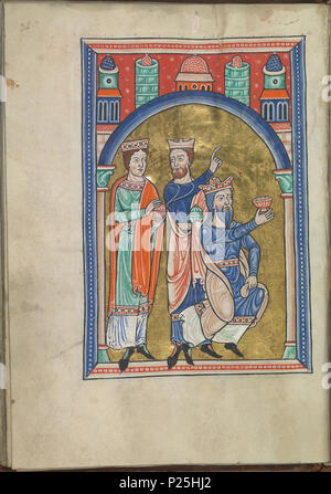 . Englisch: Bilder aus dem Leben von Christus - Die drei Weisen aus der Anbetung des Christus - Kind durch die Heiligen Drei Könige - Psalter von Eleonore von Aquitanien (Ca. 1185) - KB 76 F13, Folsäure 017 v Nederlands: Voorstelingen uit het Leven van Christus - Aanbidding Tür De Drie-Psalter koningen van Eleonora van Aquitanië (Ca. 1185) - KB 76 F13, Folsäure 017 v. Englisch: Folium 017 v aus dem Psalter von Eleonore von Aquitanien (Ca. 1185) aus der Sammlung der Nationalbibliothek der Niederlande. Die Beleuchtung zeigt Bilder aus dem Leben von Christus - Die drei Weisen aus der Anbetung des Christus - Chil Stockfoto