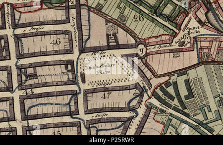 . English: 1811 Gebäude der Leipziger Straße 51-59, An der Spittelbrücke 5-13, Dönhoffplatz, Bezirk 47 - Dönhofs Platz, Grundriss von Berlin, mit Stadtbezirke/von neuem aufgenommen und mit Genehmigung der Königl. Academie, Christian hg. von J. C. Selter. Gestochen von C. Mare, 1811. 1811. Diese Datei fehlt, Informationen zum Autor. 1811 Leipziger Straße 51-59, An der Spittelbrücke 5-13, Dönhoffplatz, Bezirk 47 - Dönhofs Platz 1 1811. Leipzigerstrasse 51.3068 Stockfoto