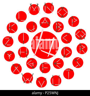 Samurai Katana Schwerter Font-Alphabet - Schriftbild. Bunte Illustrationen. Stockfoto