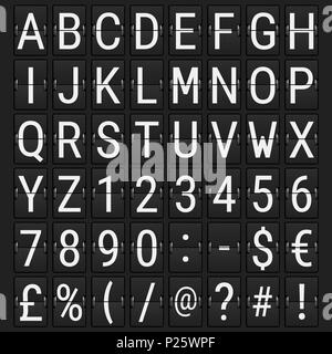 Flughafen mechanische Flip Board Bedienfläche Schrift. Buchstaben, Zahlen und Sonderzeichen. Weiße Symbole auf schwarzem Hintergrund. Abbildung. Stockfoto