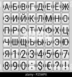 Kyrillisch Flughafen mechanische Flip Board Bedienfläche Schrift. Russische Buchstaben, Zahlen und Sonderzeichen. Schwarze Symbole auf einem hellen Hintergrund. Abbildung. Stockfoto