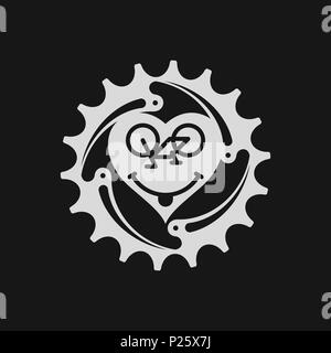 Fahrrad Kette Ring mit Fahrrad Emoji. Herz und lächelndes Gesicht. Ich liebe Radfahren Emblem. Grau Emblem auf einem schwarzen Hintergrund. Original Kunstwerke für Grafik Stockfoto