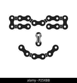 Lächelndes Gesicht mit Brille Emoji aus Bike oder Fahrrad Kette. Emoticon mit lächelnden Gesicht tragen Sonnenbrillen aus Bike oder Fahrrad Kette. Schwarzweiß Stockfoto