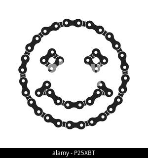 Lächeln, Lächeln Emoji, positives Symbol aus Bike oder Fahrrad Kette. Einfarbig Schwarz Fahrrad Kette. Stockfoto