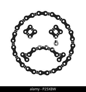 Trauriges Gesicht Symbol aus Bike oder Fahrrad Kette. Traurig Emoji mit reißen. Unglückliches Gesicht. Einfarbig Schwarz Fahrrad Kette. Negative Lächeln für Grafik Design, Soziale Stockfoto