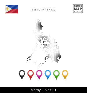 Gepunktete Karte von Philippinen. Einfache Silhouette der Philippinen. Die Nationalflagge der Philippinen. Eingestellt von bunten Karte Markierungen. Abbildung isoliert Stockfoto