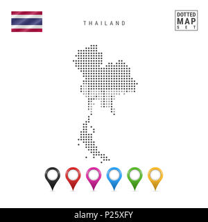 Gepunktete Karte von Thailand. Einfache Silhouette von Thailand. Die Nationalflagge von Thailand. Eingestellt von bunten Karte Markierungen. Abbildung isoliert auf weißem Stockfoto