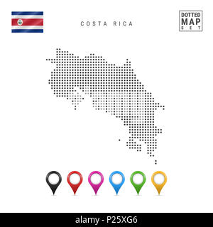 Gepunktete Karte von Costa Rica. Einfache Silhouette von Costa Rica. Die Flagge von Costa Rica. Eingestellt von bunten Karte Markierungen. Abbildung auf Isolierte Stockfoto