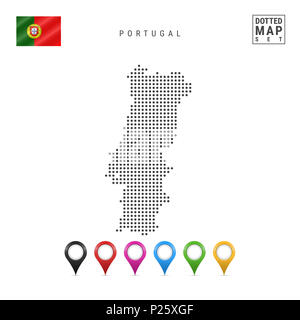 Gepunktete Karte von Portugal. Einfache Silhouette von Portugal. Die Nationalflagge von Portugal. Eingestellt von bunten Karte Markierungen. Abbildung isoliert auf weißem Stockfoto