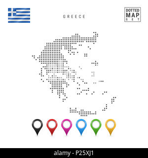 Gepunktete Karte von Griechenland. Einfache Silhouette von Griechenland. Die Nationalflagge von Griechenland. Eingestellt von bunten Karte Markierungen. Abbildung isoliert auf weißem Backgr Stockfoto