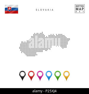 Gepunktete Karte der Slowakei. Einfache Silhouette der Slowakei. Die Flagge der Slowakei. Eingestellt von bunten Karte Markierungen. Abbildung isoliert auf weißem Stockfoto