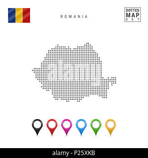 Gepunktete Karte von Rumänien. Einfache Silhouette von Rumänien. Die Nationalflagge von Rumänien. Eingestellt von bunten Karte Markierungen. Abbildung isoliert auf weißem Bac Stockfoto
