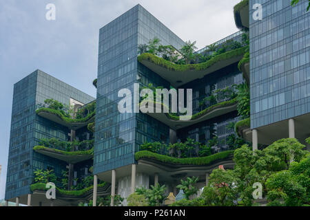 Singapur - 10. Juni 2018: Park Royal Hotel in Singapur, heißt Hotel in einem Garten. Vom Park aus gesehen Stockfoto