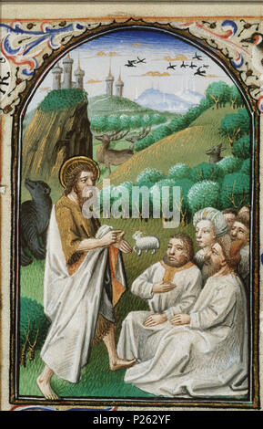 . St. Johannes der Täufer predigte eine Vielzahl - Miniatur aus Folio 004 vfrom Stundenbuch von Simon de Varie-KB74G 37a. St. Johannes der Täufer predigte eine Vielzahl - Miniatur aus Folio 004v aus dem Buch von Simon de Varie-KB74G 37a Themen in dieser Miniatur dargestellt, Johannes der Täufer predigte (vielleicht Christus unter den Umstehenden) (73 C 11) Diese Miniatur ist Teil von Folio 004 v. 1455 296 St. Johannes der Täufer predigte zu einer Vielzahl-Buch von Stunden Simon de Varie-KB74G 37A - 004v Min. Stockfoto