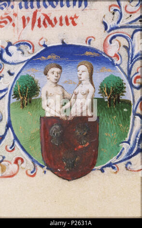 . Mai - Gemini (mit dem Wappen von Simon de Varie) - Miniatur aus Folio 092 rfrom Stundenbuch von Simon de Varie-KB74G 37a. Mai - Gemini (mit dem Wappen von Simon de Varie) - Miniatur aus Folio 092 r aus dem Buch von Simon de Varie-KB74G 37a Themen in dieser Miniatur Gemini dargestellt (Tierkreiszeichen) (23 O 23) armorial Lager, Heraldik (varie, Simon de) - Wappen (Simon de) 1 46A 122 (VARIE, Simon de) 1) Diese Miniatur ist Teil von Folio 092 r. 1455 191 Mai - Gemini (mit dem Wappen von Simon de Varie) - Das Buch der Stunden Simon de Varie-KB74G 37a - Stockfoto