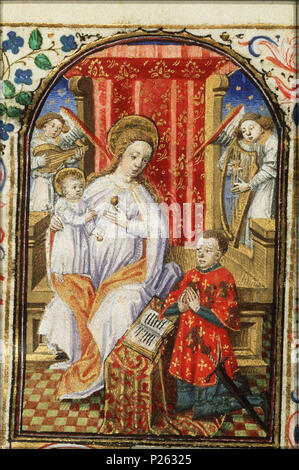 . Madonna - Maria thront, das Christuskind, mit Simon de Varie kniete vor ihr - Miniatur aus Folio 001 rfrom Stundenbuch von Simon de Varie-KB 74 G 37. Madonna - Maria thront, das Christuskind, mit Simon de Varie kniete vor ihr - Miniatur aus Folio 001 r aus dem Buch von Simon de Varie-KB 74 G 37 Themen in dieser Miniatur dargestellt Diese Miniatur ist Teil von Folio 001 r. 1455 180 Madonna - Maria thront, das Christuskind, mit Simon de Varie kniete vor ihr - Stundenbuch von Simon de Varie-KB 74 G 37 - 001 r min. Stockfoto