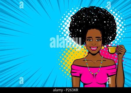 Schwarz afro junge Frau Pop Art elegant gekleidet, in einem schönen Retro hat und modischen Kleid steht und trinkt Kaffee. Stock Vektor