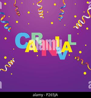 Bunte Serpentine und gold Konfetti auf lila Hintergrund mit bunten Inschrift Karneval Plakat Vorlage mit Kopie Raum in realistischen Stil Stock Vektor