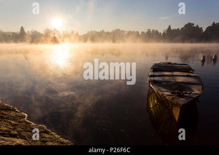 Foggy herbstlichen Morgen am Ufer des Flusses Ticino, am Ponte di Ferro in Sesto Calende, Lago Maggiore, Provinz Varese, Lombardei, Italien. Stockfoto