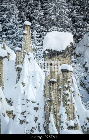 Perca/Percha, Provinz Bozen, Südtirol, Italien, Europa. Winter an der Erdpyramiden Stockfoto