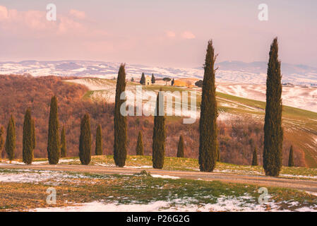 Orccia Tal im Winter, Toskana, Provinz Siena, Italien und Europa. Stockfoto