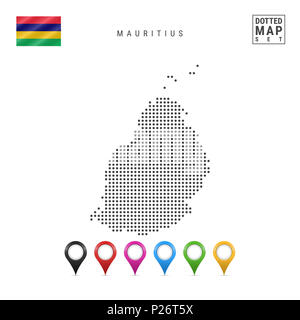 Gepunktete Karte von Mauritius. Einfache Silhouette von Mauritius. Die Nationalflagge von Mauritius. Eingestellt von bunten Karte Markierungen. Abbildung isoliert auf Whi Stockfoto