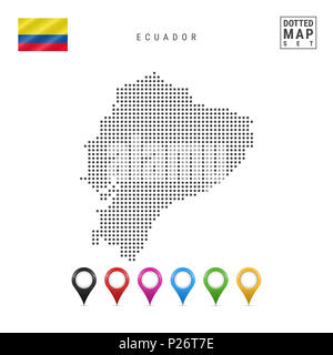 Gepunktete Karte von Ecuador. Einfache Silhouette von Ecuador. Die Nationalflagge von Ecuador. Eingestellt von bunten Karte Markierungen. Abbildung isoliert auf weißem Bac Stockfoto
