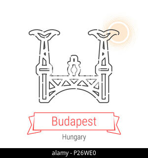 Budapest, Ungarn Symbol Leitung mit roter Schleife isoliert auf Weiss. Budapest Sehenswürdigkeiten-Emblem-Drucken-Beschriften-Symbol. Budapest Brücke der Freiheit Piktogramm. Stockfoto