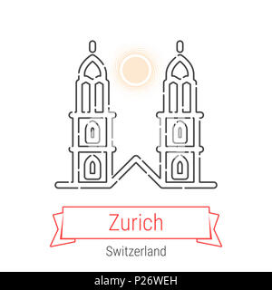Zürich, Schweiz Symbol Leitung mit roter Schleife isoliert auf Weiss. Zürich Wahrzeichen - Emblem - Drucken - Label - Symbol. Tolle Münster Piktogramm. Werde Stockfoto